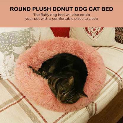 Fur & Bone Round Plush Donut Dog Cat Bed | Fluffy Cuddler Pet Cushion Self-Warming Beds | Washable Dog Bed with Non-Slip and Waterproof Bottom Calming Dog Bed - (60cm, Pink)