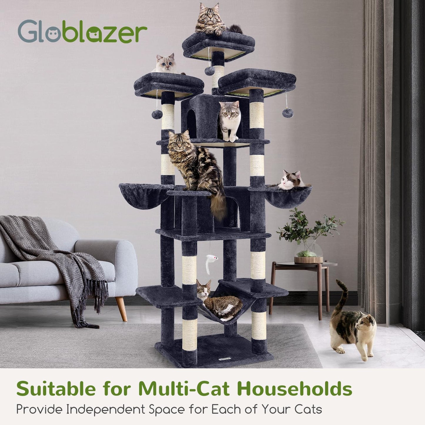 Globlazer Big Cat Tower for Indoor Cats, 80inch Cat Tower for Multiple Adult Cats XXL Cat Tree with Scratching Post, Hammock, 3 Perches, 2 Condos, 2 Hanging Basket, F80, Dark Grey