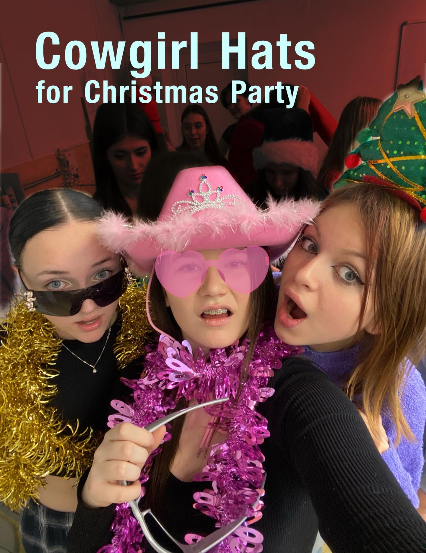 JICASTO Cowboy Hat Pink Cowgirl Hat with Color LED Light Tiara Crown for Girls Rodeo Party Hats with Heart Glasses