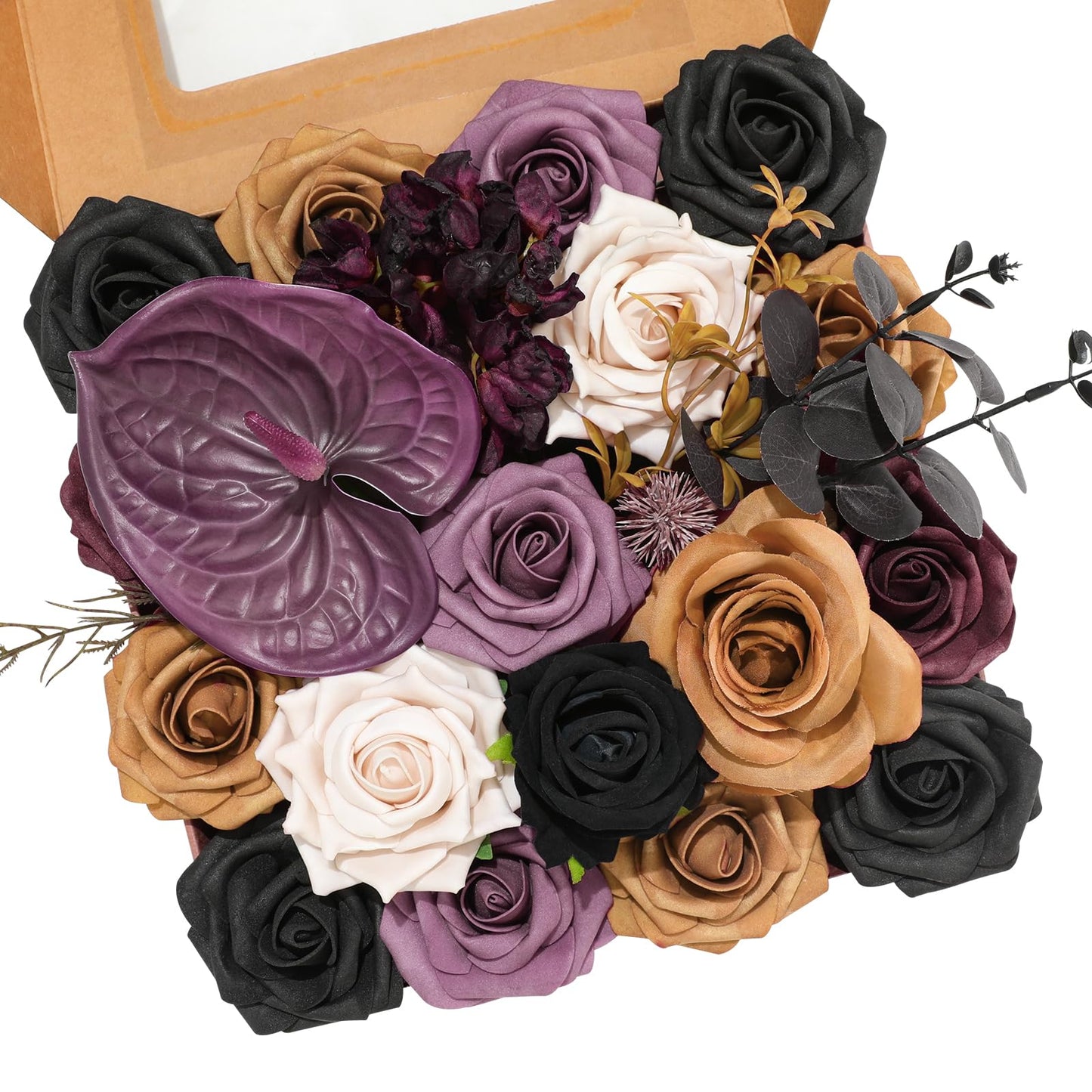 Floweroyal Halloween Artificial Flowers Black Flowers Mix Silk Flowers Fake Roses with Stems for DIY Wedding Bridal Bouquets, Baby Shower, Floral Arrangement, Table Centerpieces, Home Decorations
