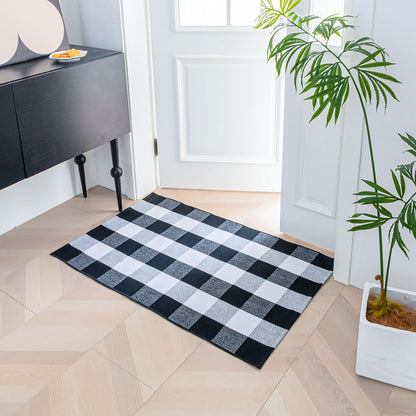 Cotton Buffalo Plaid Rugs 27.5"x43"(2.3'x3.6'),Complete Home Rug Hand-Woven, Indoor/Outdoor Use,Black & White Checkered Rug-Layered Door Mats, Washable for Front Porch, Kitchen, Farmhouse
