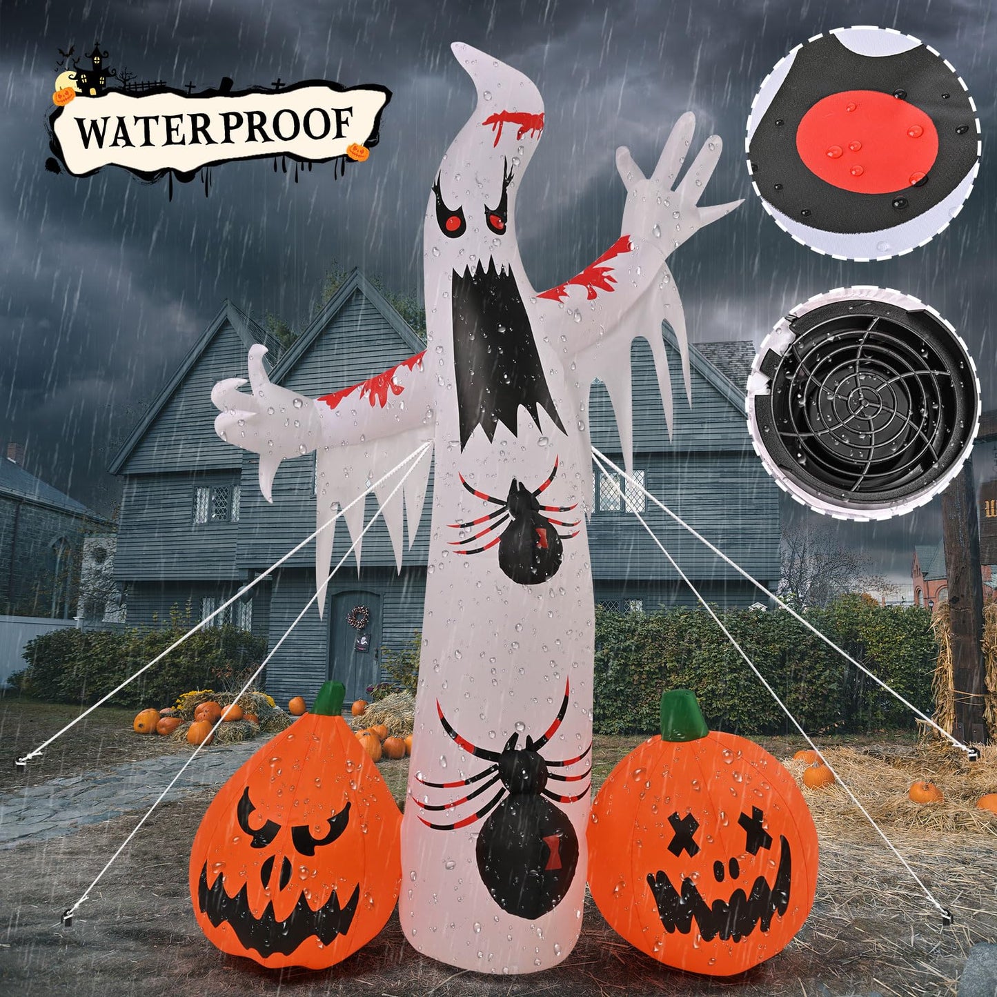 Kesfitt 8FT Halloween Inflatables Decorations Outdoor Ghost Built-in 2 Flame Flashing Projection Light,Blow Up Yard Inflatables with Pumpkin Spider for Outside Halloween Patio Party Garden Decorations