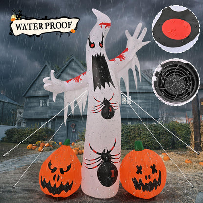 Kesfitt 8FT Halloween Inflatables Decorations Outdoor Ghost Built-in 2 Flame Flashing Projection Light,Blow Up Yard Inflatables with Pumpkin Spider for Outside Halloween Patio Party Garden Decorations