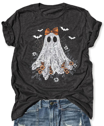 Ghost Halloween Shirts Women Cute Lace Ghost Graphic Halloween Shirt Funny Halloween Shirts Casual Halloween Party Tops (L, Ghost A-Dark Grey)