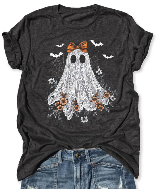 Ghost Halloween Shirts Women Cute Lace Ghost Graphic Halloween Shirt Funny Halloween Shirts Casual Halloween Party Tops (L, Ghost A-Dark Grey)