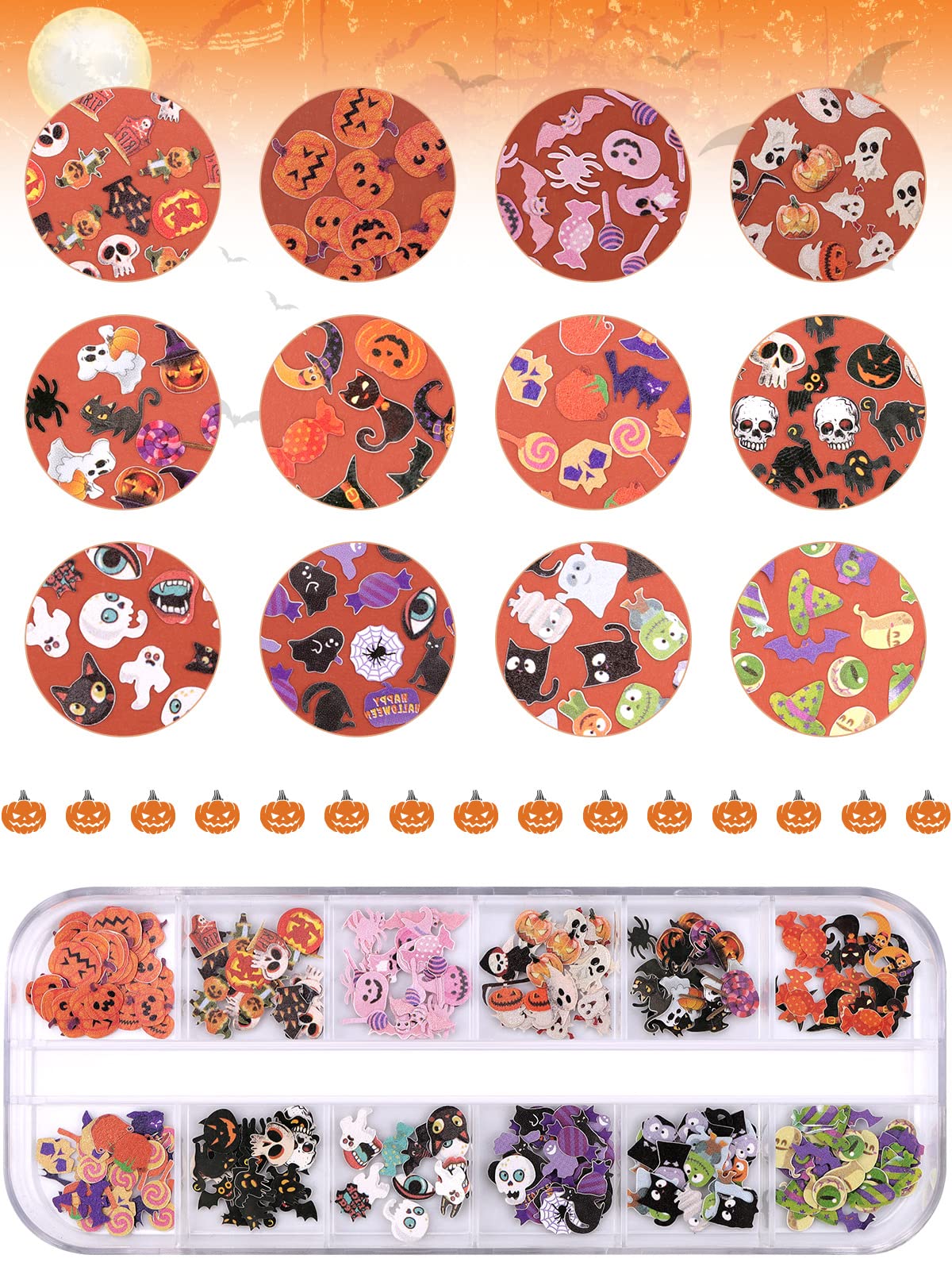 Kalolary Halloween Nail Art Sequins, 3D Skull Spider Pumpkin Bat Ghost Witch Stickers for Acrylic Nails, Halloween Wood Pulp Glitter Flakes for Nail Art Decorations