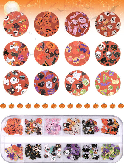 Kalolary Halloween Nail Art Sequins, 3D Skull Spider Pumpkin Bat Ghost Witch Stickers for Acrylic Nails, Halloween Wood Pulp Glitter Flakes for Nail Art Decorations