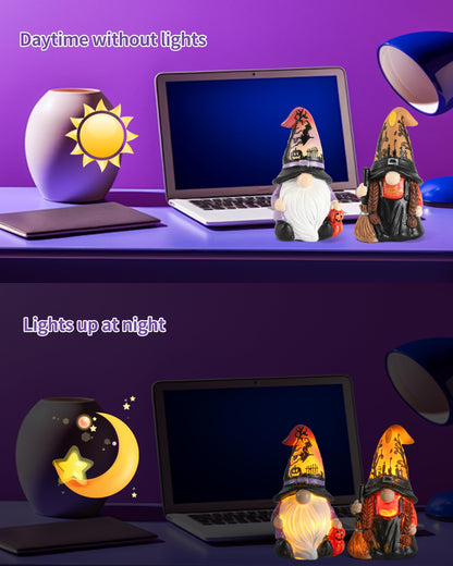 Halloween Gnomes and Witch Figurines - 2Pack Lights Up Fall Gnome Ornaments - 4.5'' Resin Indoor Halloween Decor for Women (Gnomes)