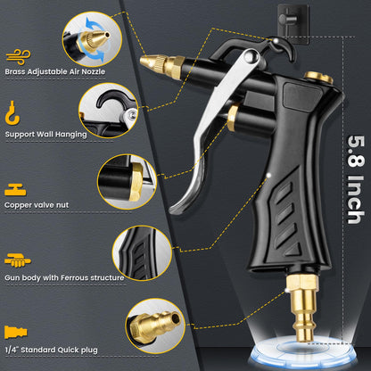 High Volume Air Blow Gun with Brass Adjustable Nozzle, Industrial Blower Gun with 2 Steel Extensions and 13.7 Inch Universal Hose, Pneumatic Air Compressor Accessory Tool