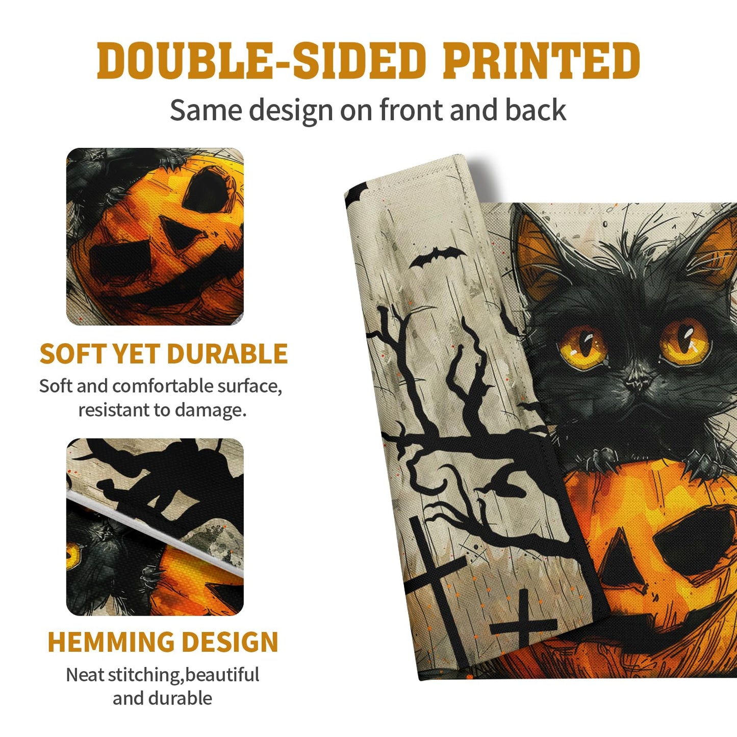 Halloween Black Cat Pumpkin 12x18 Placemats Set of 4 Happy Halloween Bat Branch Linen Table Place Mat Seasonal Fall Washable Heat Resistant Non Slip Table Placemats for Party Kitchen Dining Decor
