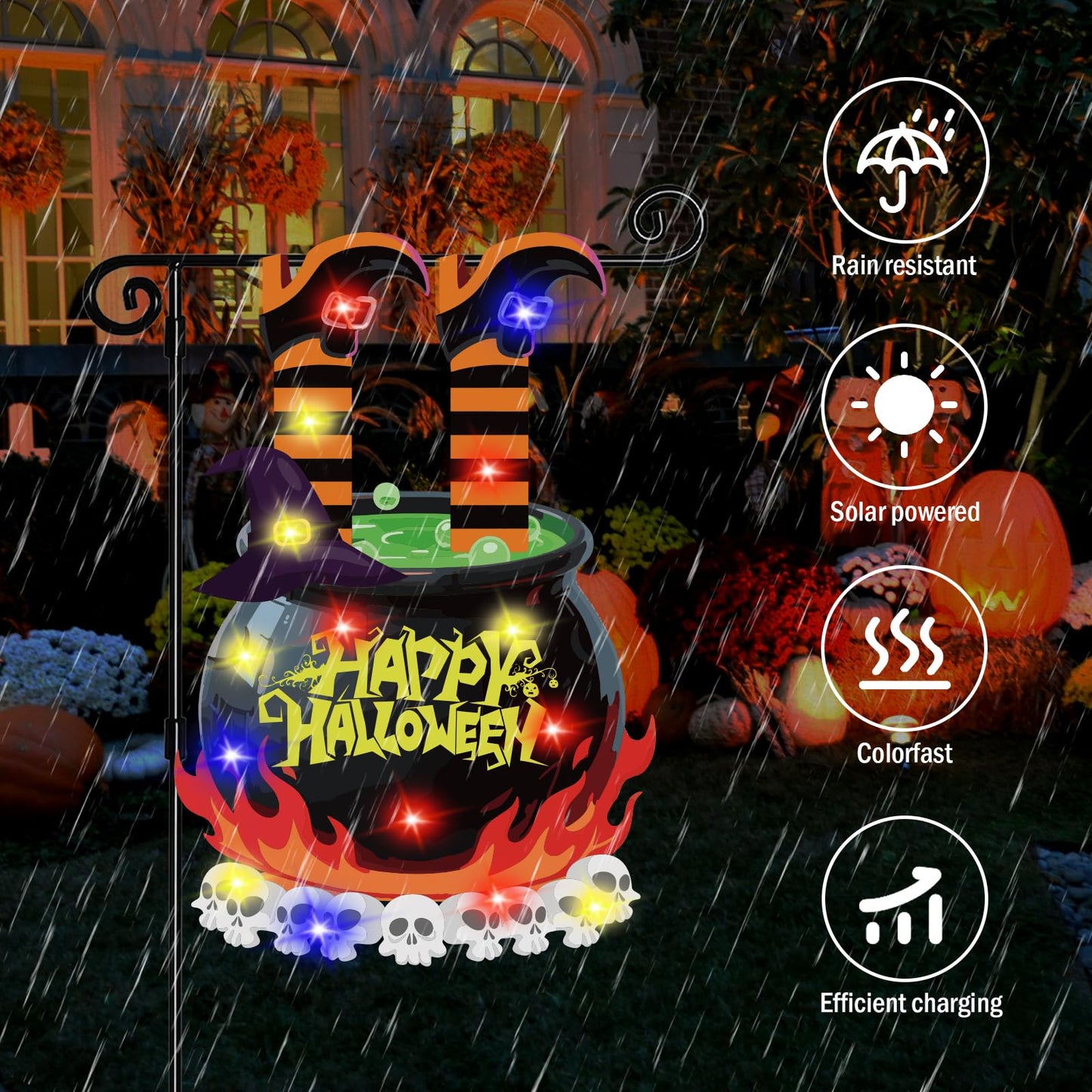 GOAUS Halloween LED Garden Flag Light Up Solar Powered, Witch Cauldron Decorations Outdoor, Double Sided Oxford Decorative Flag for Lawn Yard Outside Decor, 12x18 Inches