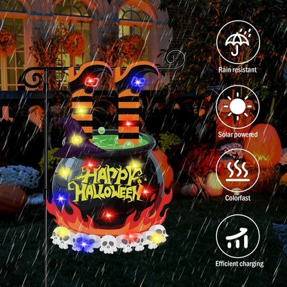 GOAUS Halloween LED Garden Flag Light Up Solar Powered, Witch Cauldron Decorations Outdoor, Double Sided Oxford Decorative Flag for Lawn Yard Outside Decor, 12x18 Inches