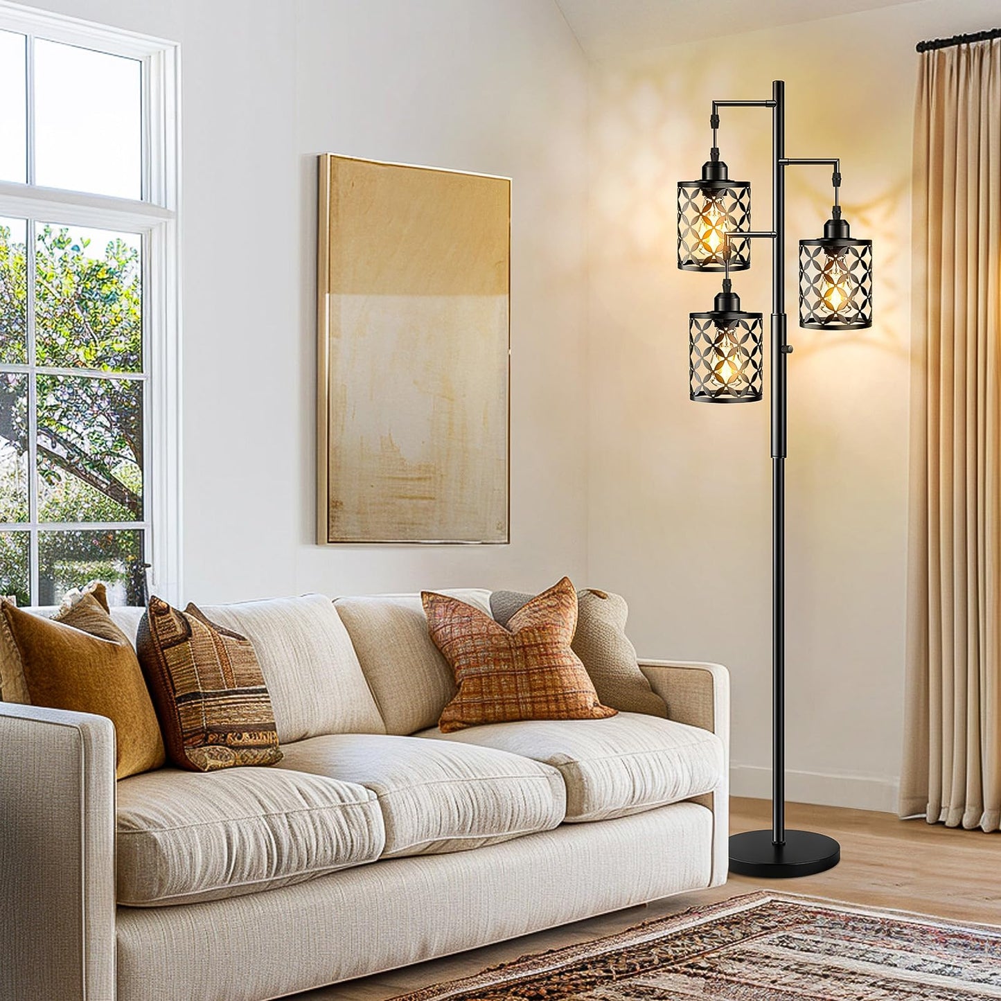 GHOOCEMLUX 68" Dimmable Floor Lamp, Farmhouse Standing Lamp with Elegant Metal Cage, Industrial Tall Tree Floor Lamps for Living Room, Bedroom, Study Room, Office (2000LM LED Bulbs Included) - Black