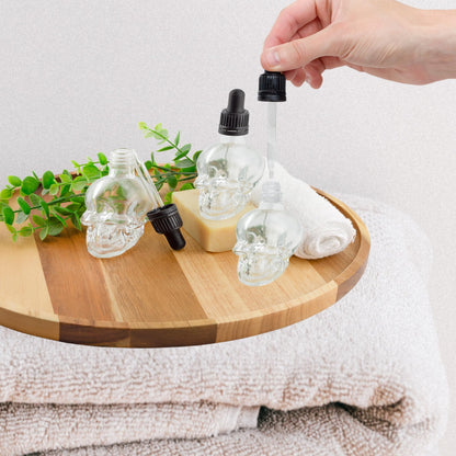 Cornucopia Skull Glass Dropper Bottles (2-Pack, 2oz, Clear); Bitter Flavor Tattoo and Beard Oil Dispenser