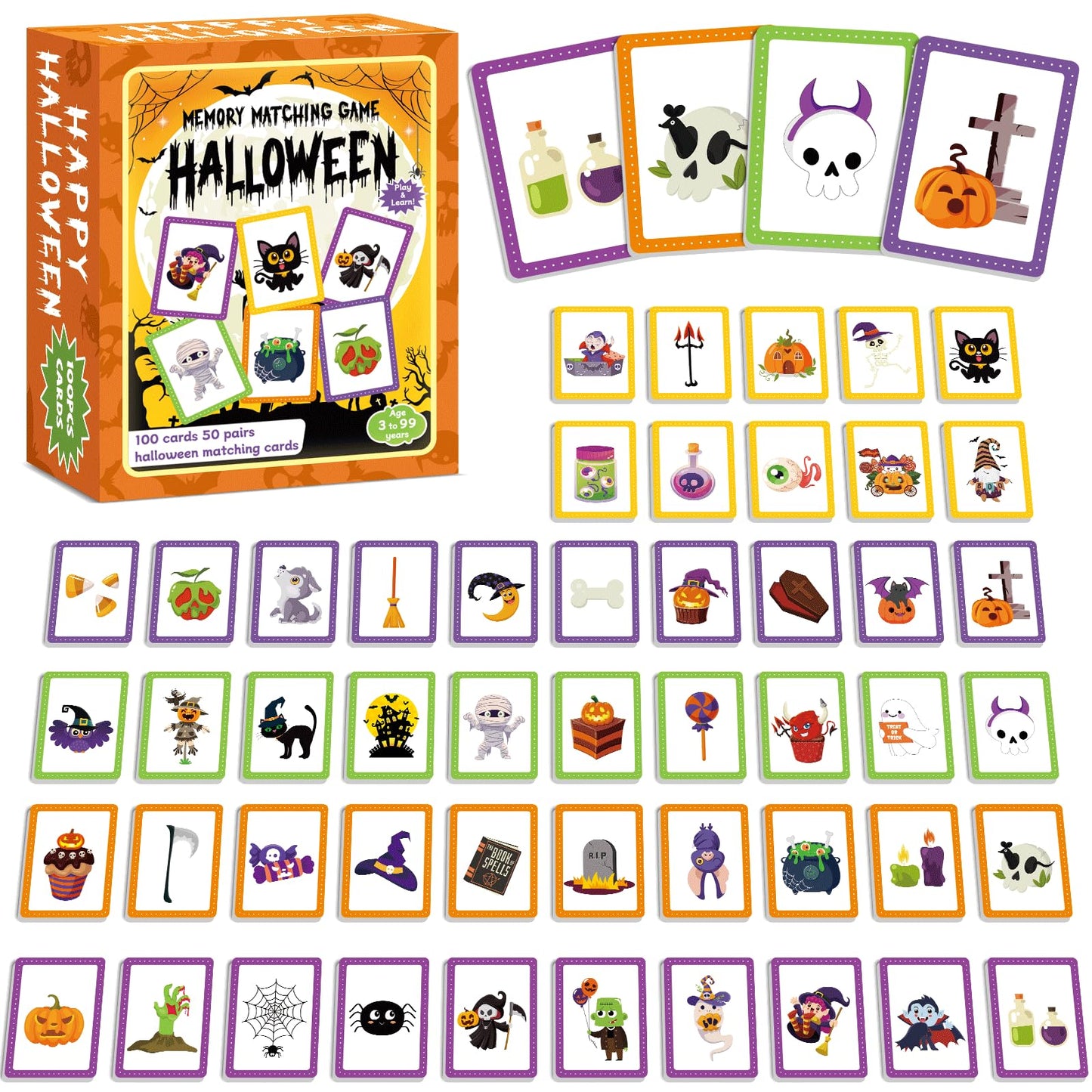 gisgfim 50 Pairs Memory Matching Game Happy Halloween Concentration Memory Games Card for Kids Educational Ages 3-8 A Fun & Fast Halloween Theme Matching Games
