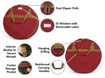 Covermates Keepsakes Christmas Wreath Storage Bag - Heavy Duty Polyester - Interior Pouch - Dual Zipper Pulls - Holiday Storage, Red