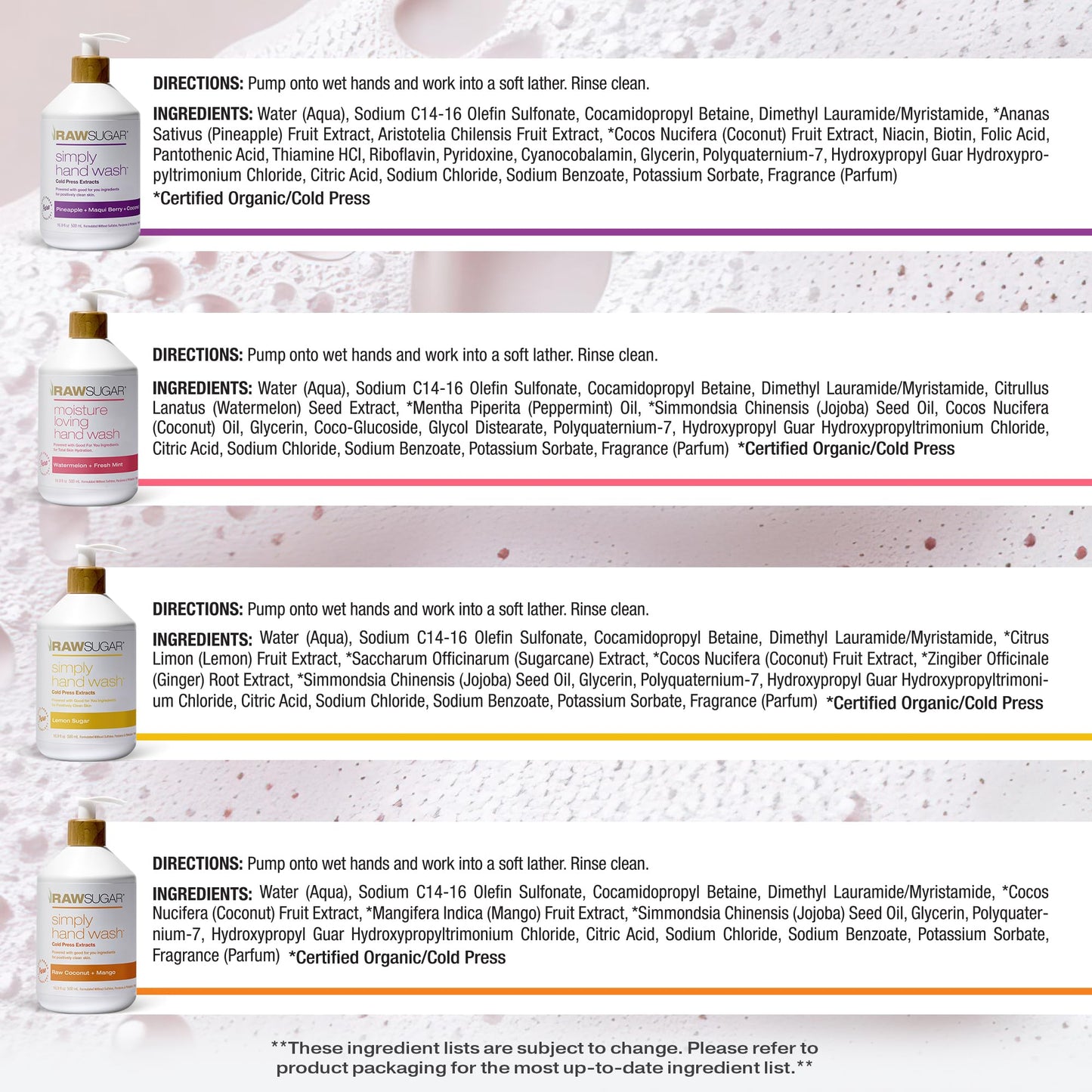 RAW SUGAR Hand Wash Variety Bundle - Lemon Sugar, Watermelon + Fresh Mint, Pineapple + Maqui Berry + Coconut & Raw Coconut + Mango, Formulated without Sulfates & Parabens (16.9 fl. oz, Pack of 4)