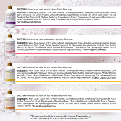 RAW SUGAR Hand Wash Variety Bundle - Lemon Sugar, Watermelon + Fresh Mint, Pineapple + Maqui Berry + Coconut & Raw Coconut + Mango, Formulated without Sulfates & Parabens (16.9 fl. oz, Pack of 4)