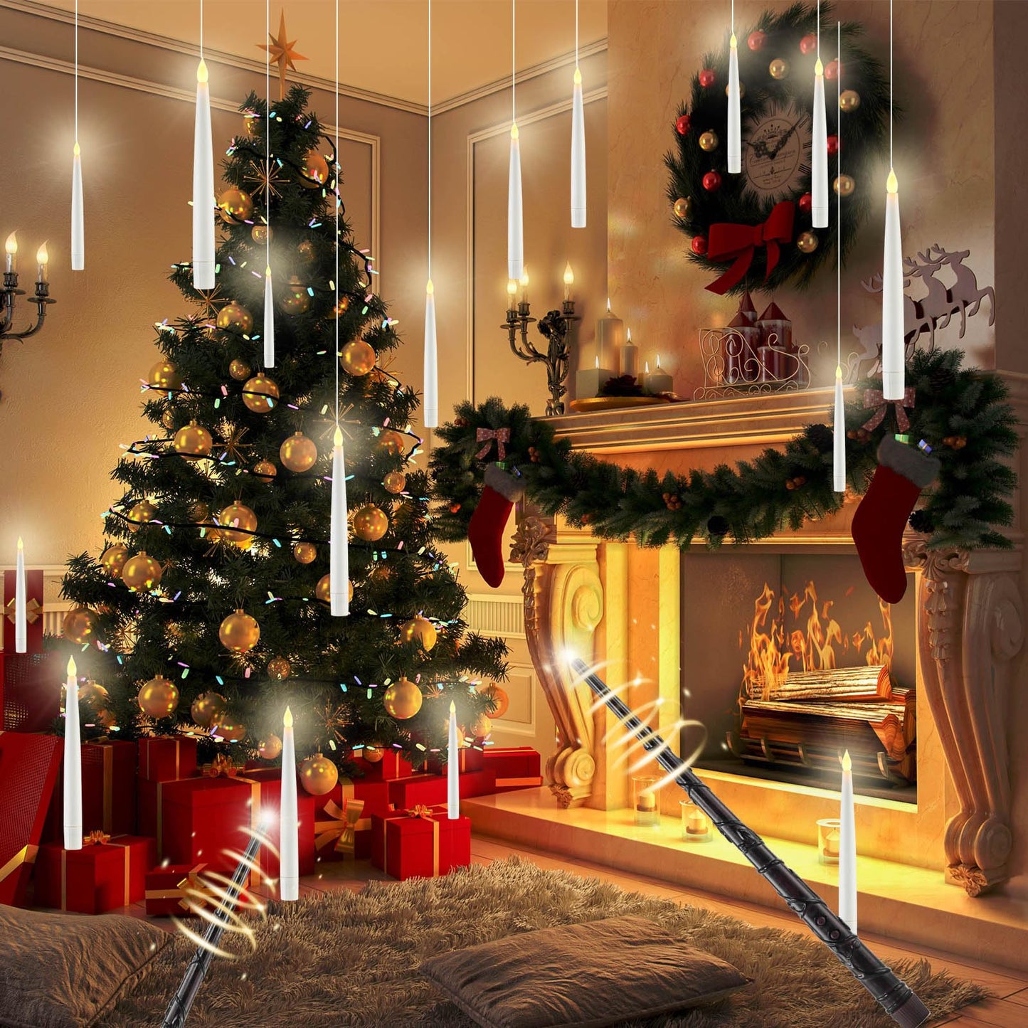 JOSU Floating Candles with Wand Remote, 12 Pcs Halloween Decor Magic Hanging Candles, Flickering Flameless LED Taper Candle Battery Operated for Christmas Window Party Home Decorations - White