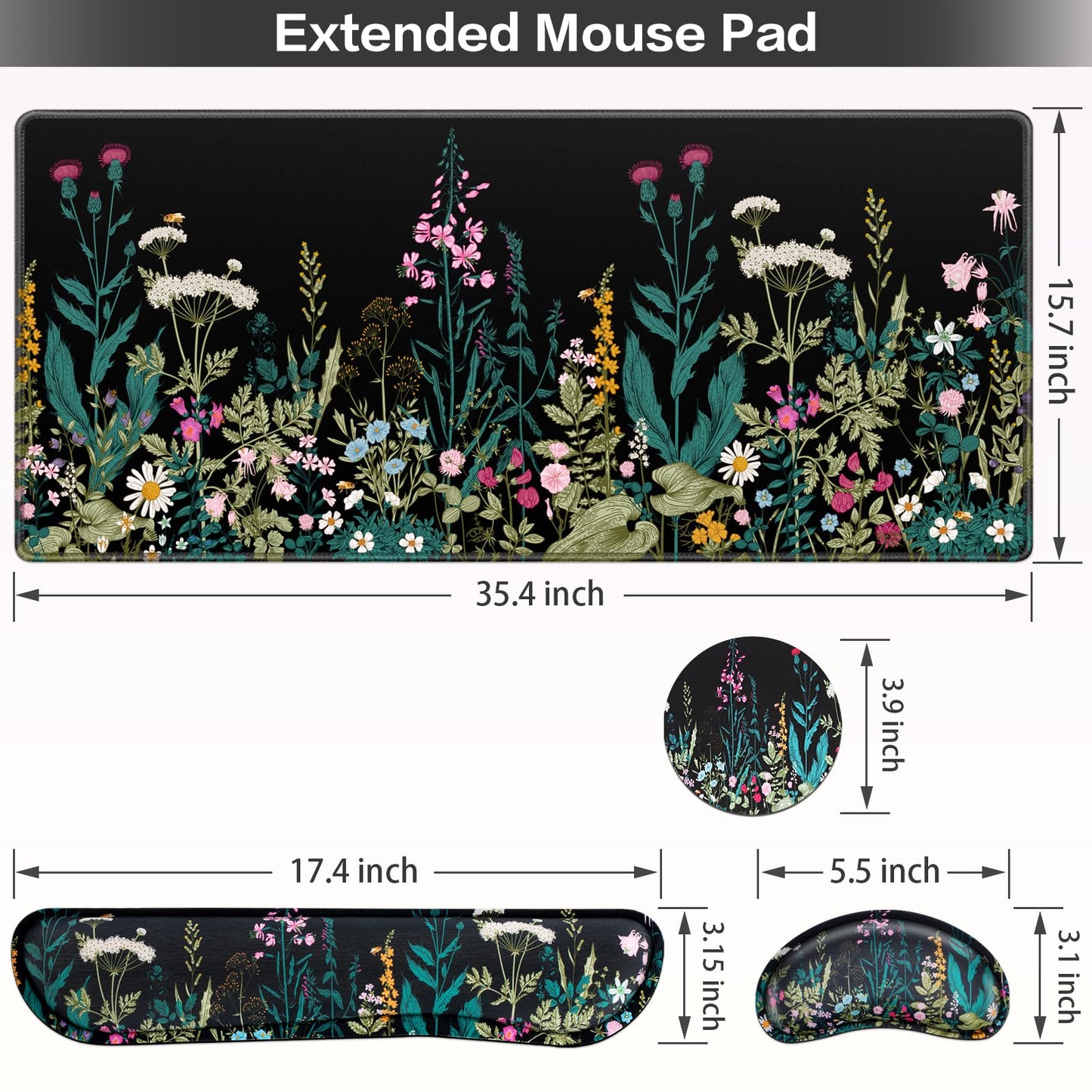 Desk Mat, Large Gaming Mouse Pad with Wrist Rest, 4in1 XXL Mousepad+Keyboard Wrist Rest+Mouse Pad Wrist Support+Cup Coaster Set Ergonomic Floral Computer Desk Arm Wrist for Decor Home Office Women