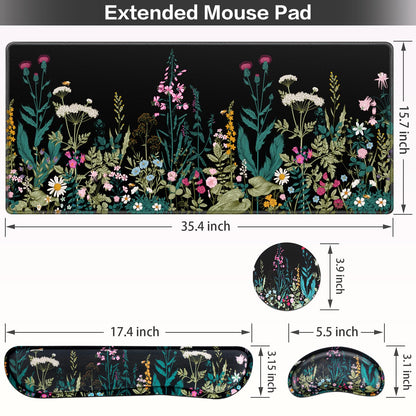 Desk Mat, Large Gaming Mouse Pad with Wrist Rest, 4in1 XXL Mousepad+Keyboard Wrist Rest+Mouse Pad Wrist Support+Cup Coaster Set Ergonomic Floral Computer Desk Arm Wrist for Decor Home Office Women