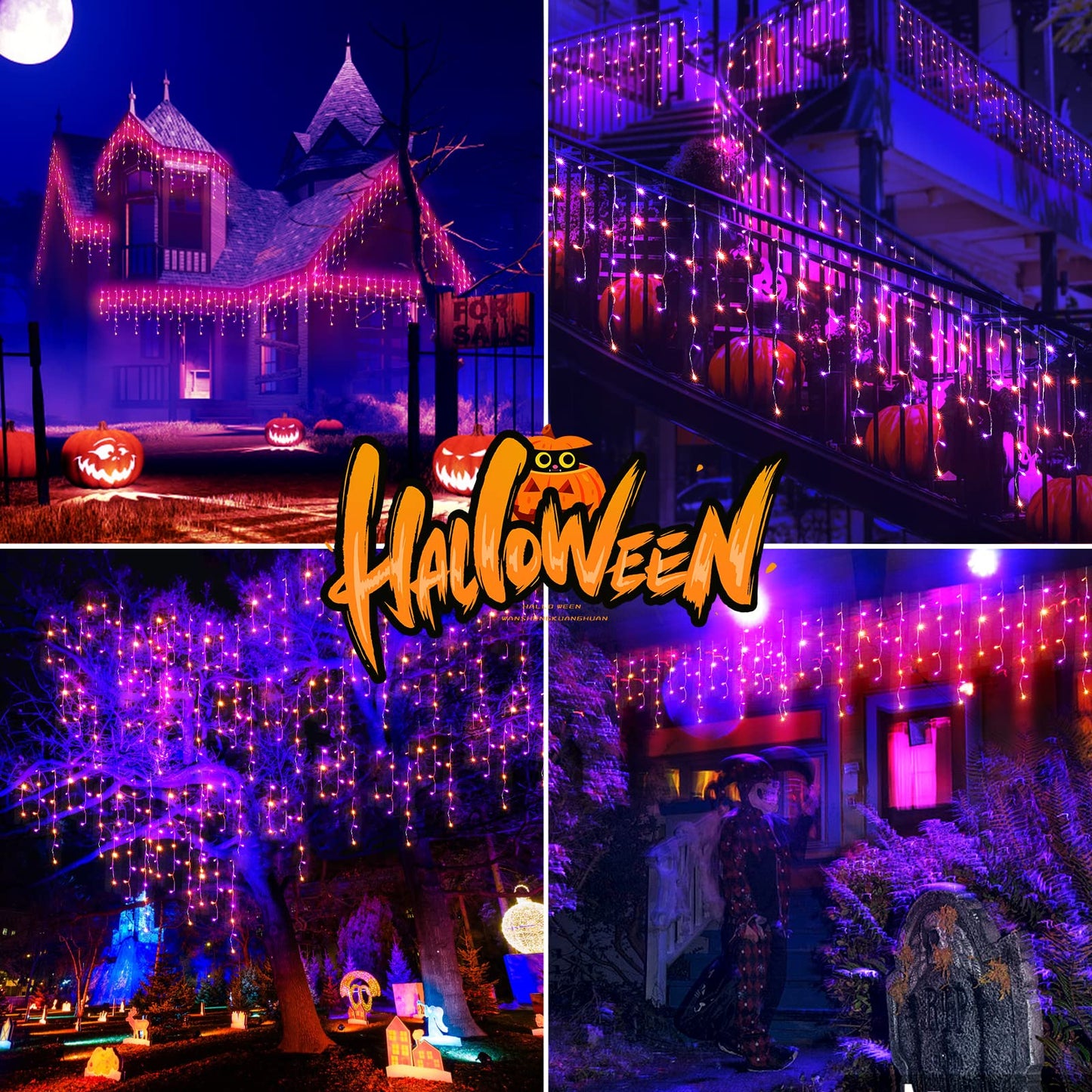 FLVOECN 480 LED 49FT Halloween Lights Plug in 8 Modes with Timer Dimmable Halloween Decorations Outdoor Waterproof String Lights for Roof Porch Garden Holiday Wedding Party Decor Orange Purple
