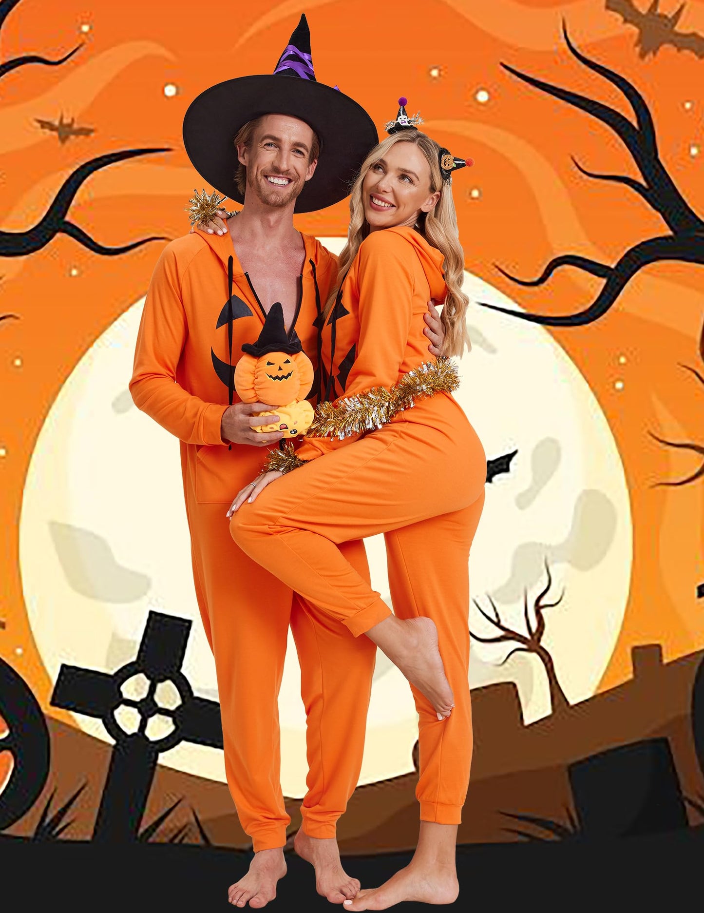 Ekouaer Halloween Onesie Adult Matching Onesie for Couples Halloween Festive One Piece Zipper Jumpsuit (Pumpkin,Large)