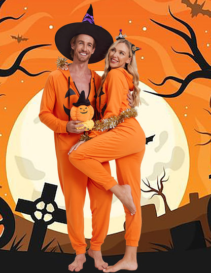Ekouaer Halloween Onesie Adult Matching Onesie for Couples Halloween Festive One Piece Zipper Jumpsuit (Pumpkin,Large)