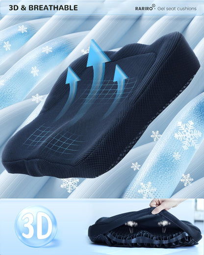 Enlarged 19.7" Gel Seat Cushion, Egg Gel Chair Pads for Wheelchair Pressure Coccyx Sciatica Pain Relief, Cooling Desk Seat Cushion for Kayak, Car, Office Chair Long Sitting[Black]