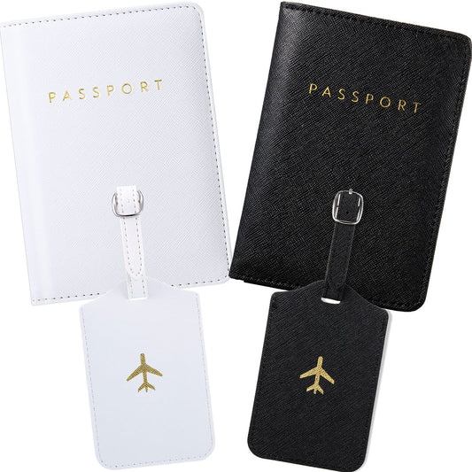 2 Set Passport Covers Holder and Luggage Tags Leather Travel Passport Wallets Holder Luggage Tags for Mr and Mrs Gift(White, Black)