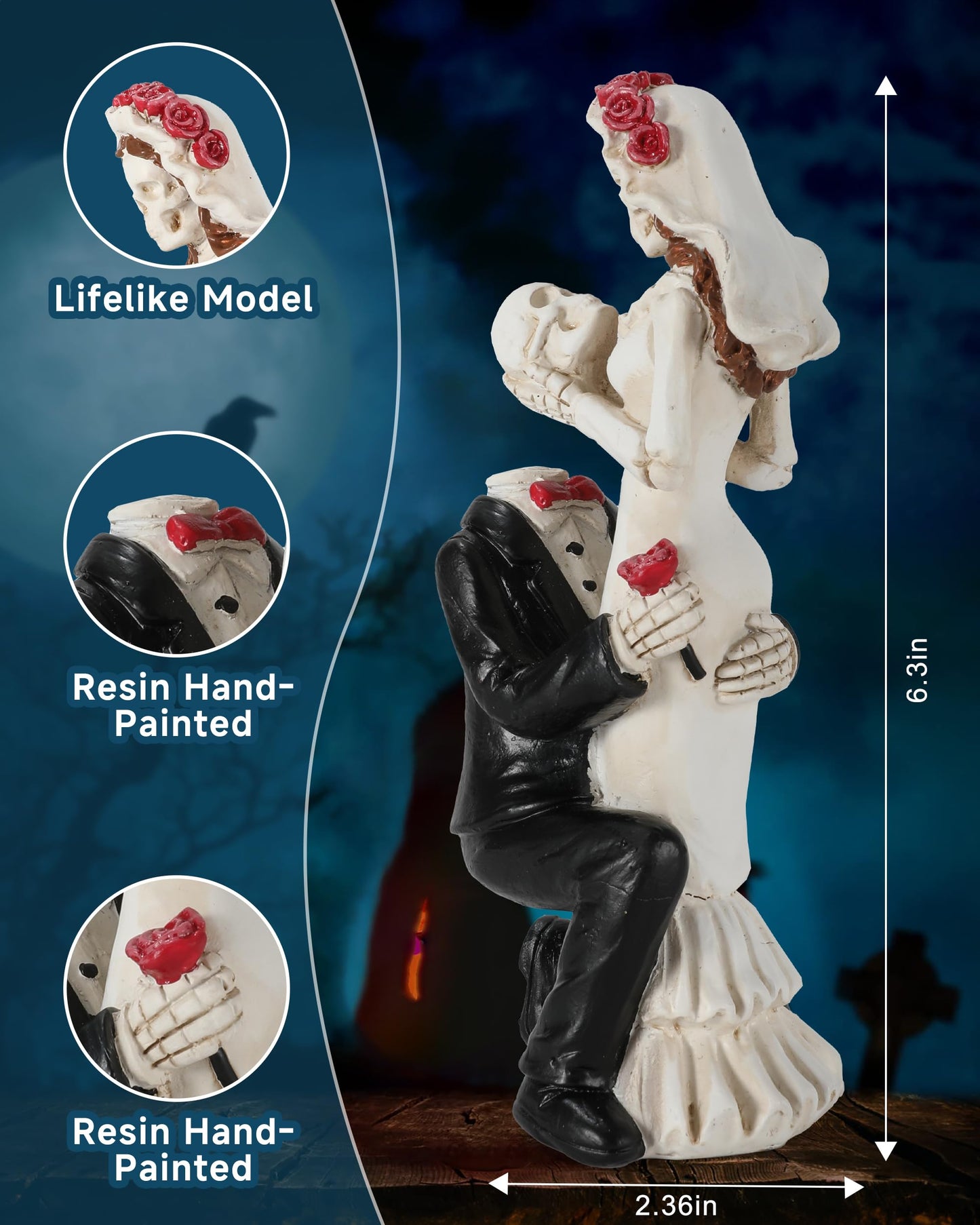 GoGnome Skeleton Bride and Groom 6.4'' - Dia De Los Muertos Figurines Day of The Dead Decorations Till Death Do US Part Decor - Halloween Gothic Wedding Cake Topper Decor (Skeleton Couple)