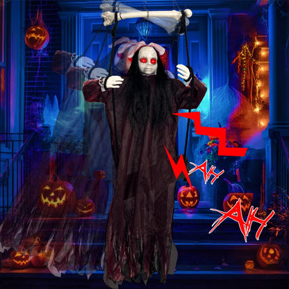 KEUCL Halloween Decorations, Hanging Swing Ghost with Voice Activated, Creepy Sound/Light Up Eyes, Halloween Animatronics Spooky Haunted House Holiday Prop for Outdoor Indoor Yard Garden Patio Trees