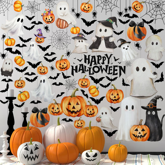 Haull 6 Sheet Halloween Wall Stickers Vintage Watercolor Halloween Wall Decals Ghost Evil Pumpkin Bat Black Cat Stickers Spooky Peel and Stick Vinyl Decor Window Clings for Fall Party Supplies Gift