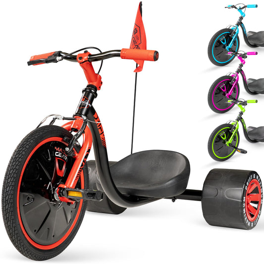 Drift Trike for Kids Ages 5+ – 16" Front Wheel Ride-On with Adjustable Seat, Steel Frame, Rear Slick Drift Wheels & Safety Flag – Madd Gear - (Black Red)