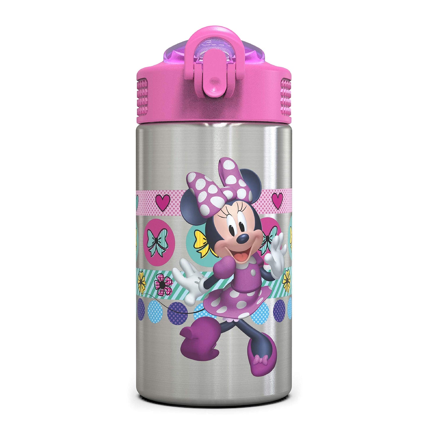 Zak Designs Disney Minnie’s Happy Helpers - Stainless Steel Water Bottle with One Hand Operation Action Lid and Built-in Carrying Loop, Kids Water Bottle with Straw Spout (15.5 oz, 18/8, BPA Free)