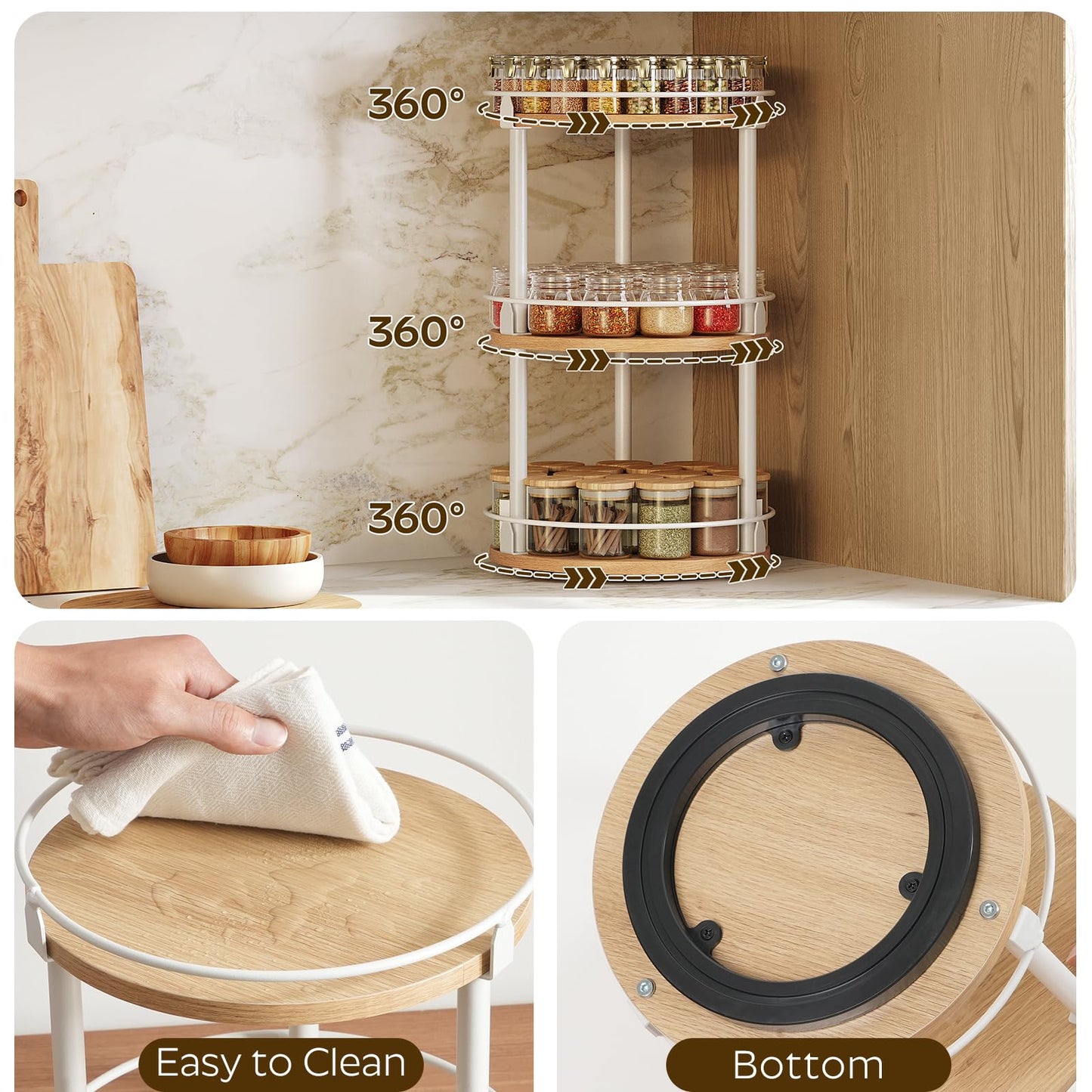 3-Tier Lazy Susan Organizer, Rotating Spice Rack, Spinning Organizer, Industrial Turntable Spice Rack Organizer for Cabinet, Kitchen Countertop, Pantry, Rustic Brown and Black SR23BR