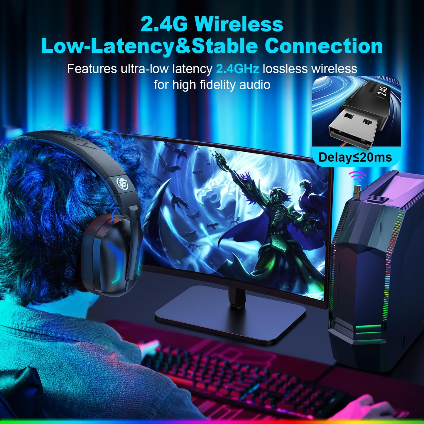 Fachixy Wireless Gaming Headset with Microphone for PC, PS5, PS4, Bluetooth Gaming Headphones - Fast Charge 50Hr Battery, Cool LED Lights for Switch, Laptop, Mobile, Mac 2.4GHz Gamer Headset