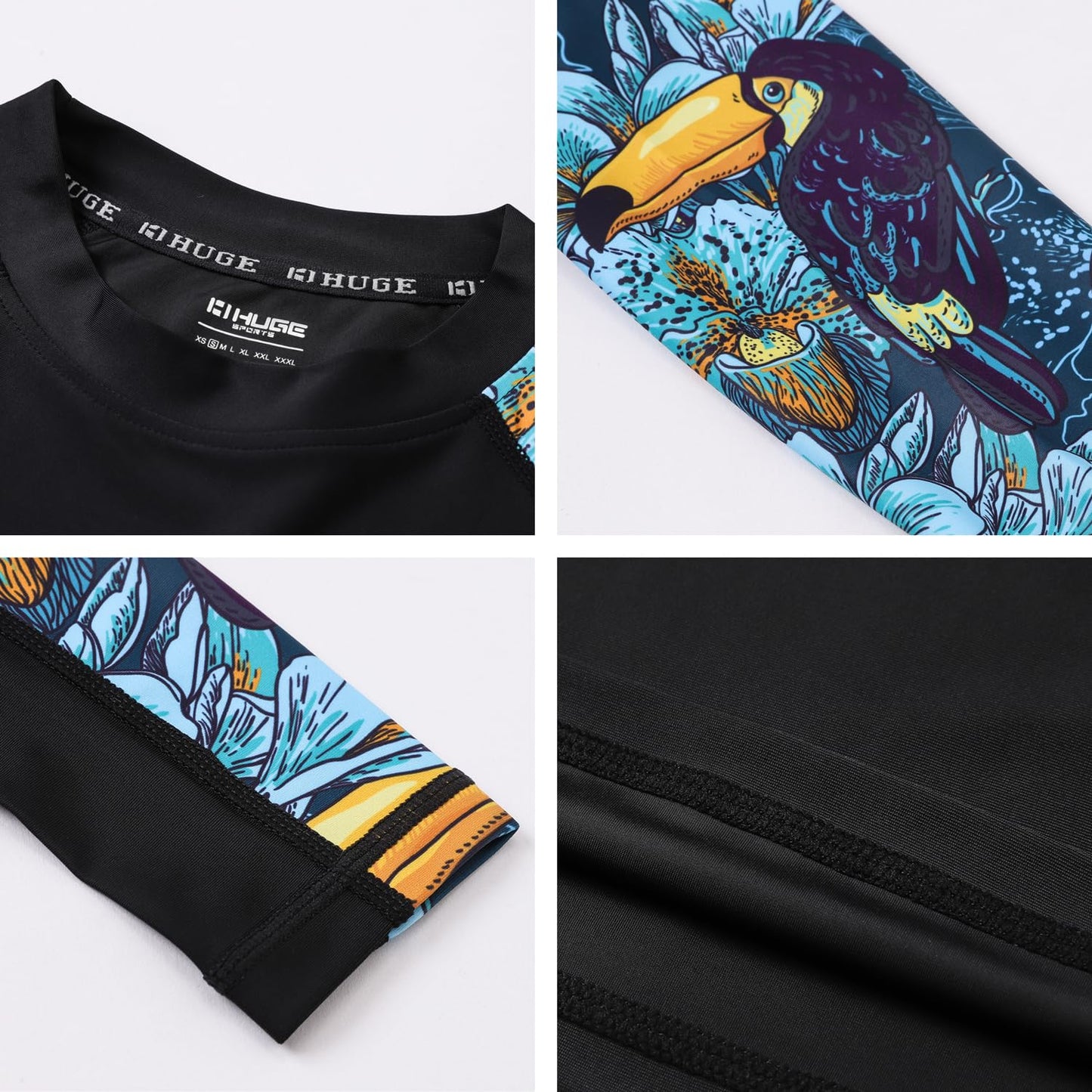 HUGE SPORTS Men's Splice UV Sun Protection UPF 50+ Skins Rash Guard Long Sleeves(HeyToucan, M)