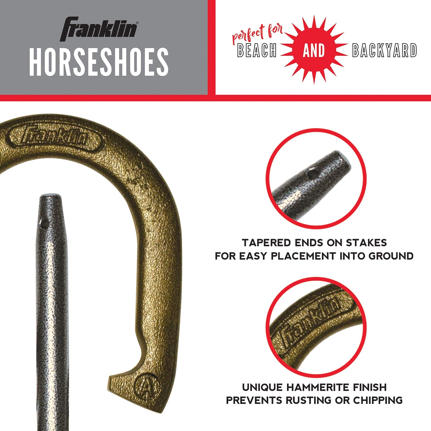 Franklin Sports Horseshoe Set - Cast iron Horseshoes and Steel Stakes - Official Size and Weight - Perfect for Yard and Beach - Recreational