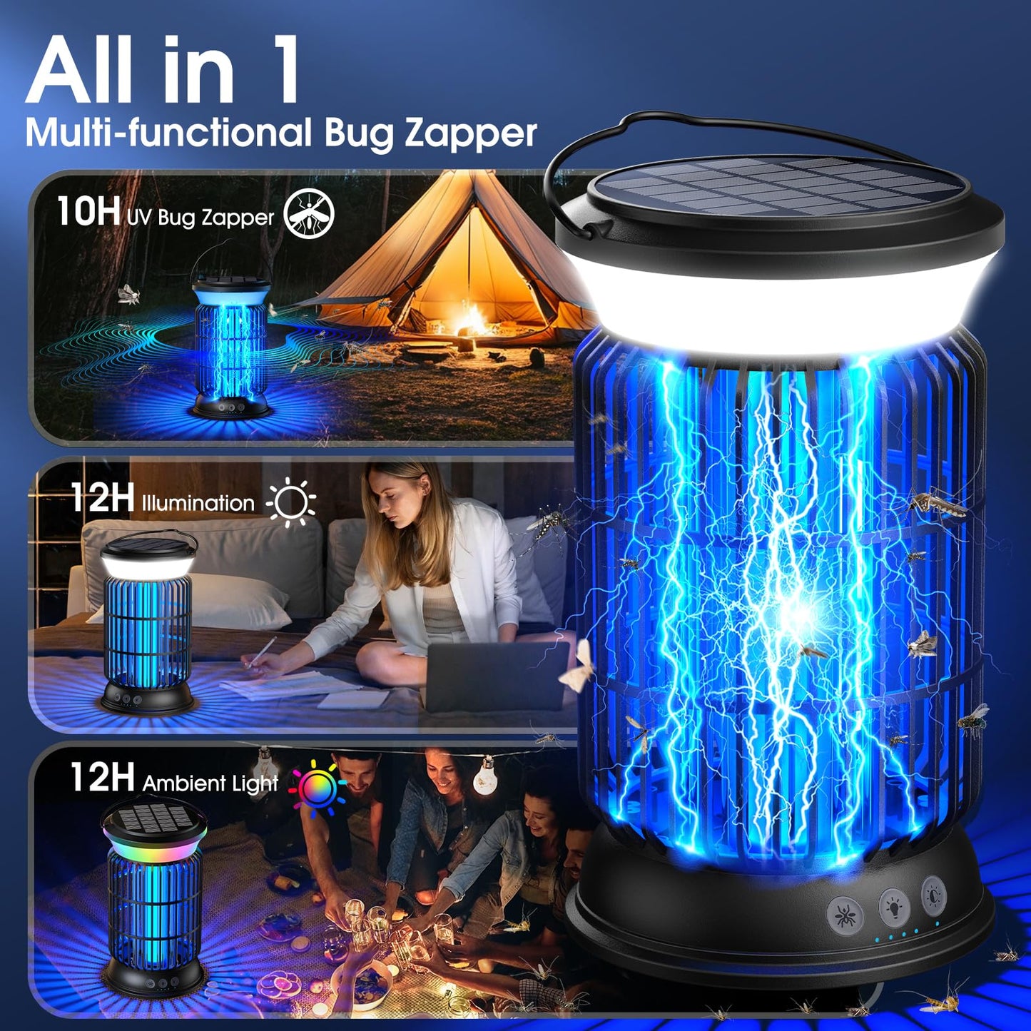 GTERT Solar Bug Zapper Outdoor, Electric Bug Zapper, 6000mAh Rechargeable Mosquito Zapper, Cordless Fly Zapper, 4 Modes Waterproof Insect Zapper for Home Garden Patio Backyard Camping