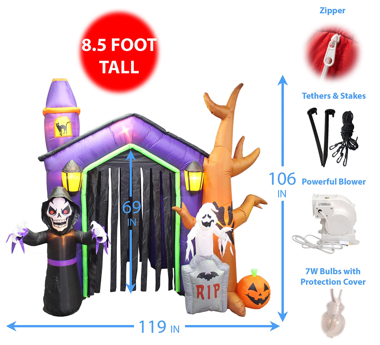 8.5 Foot Halloween Inflatable Haunted House Castle with Skeleton, Ghost, Tree and Pumpkin Lights Decor Outdoor Indoor Holiday Decorations, Blow up