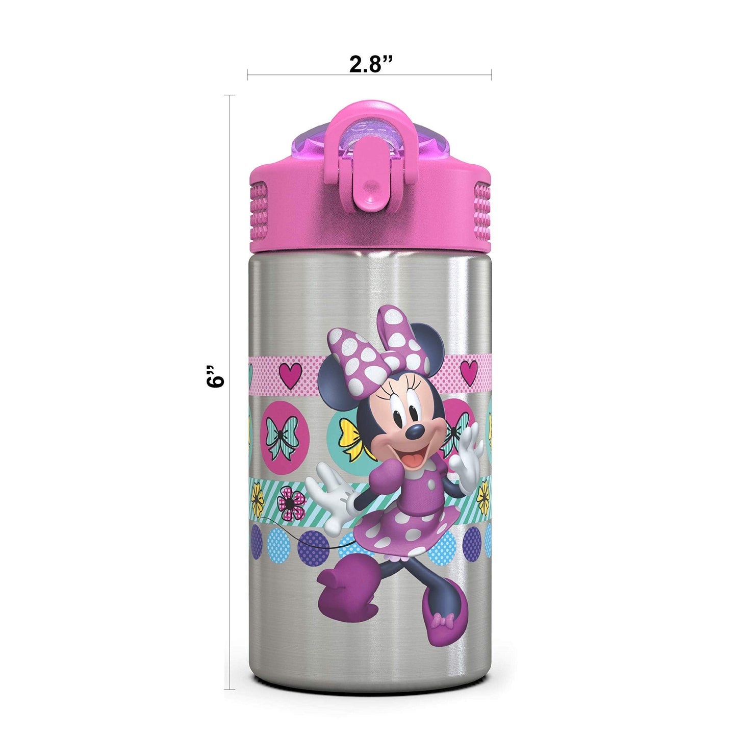 Zak Designs Disney Minnie’s Happy Helpers - Stainless Steel Water Bottle with One Hand Operation Action Lid and Built-in Carrying Loop, Kids Water Bottle with Straw Spout (15.5 oz, 18/8, BPA Free)
