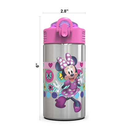 Zak Designs Disney Minnie’s Happy Helpers - Stainless Steel Water Bottle with One Hand Operation Action Lid and Built-in Carrying Loop, Kids Water Bottle with Straw Spout (15.5 oz, 18/8, BPA Free)