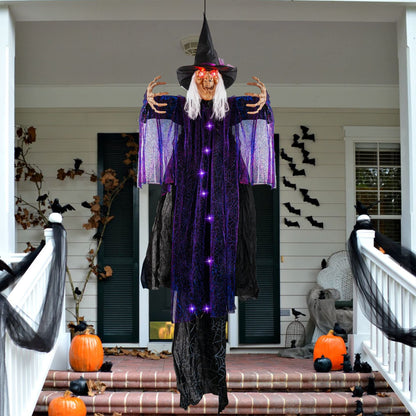 FUNPENY 6 FT Hanging Witch Outdoor Halloween Decorations, Light Up Hanging Witch with Sound Activation for Halloween Haunted House Props Party Supplies Yard Outdoor Indoor Decor