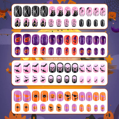 JANYUN 96 Pcs Kids False Nail Full Cover Short Fake Nails Children Nail Tips for Kids Little Girls Lovely Gift Nail Art Decoration (Halloween Theme)