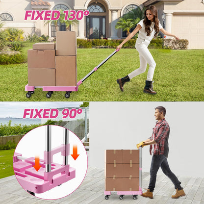 Folding Hand Truck, Foldable Cart for 500 lbs Heavy Luggage, Hand Truck Dolly, 6-Wheel Foldable Dolly with 2 Ropes, Ideal for Home, Office, and Travel Moving (Pink)