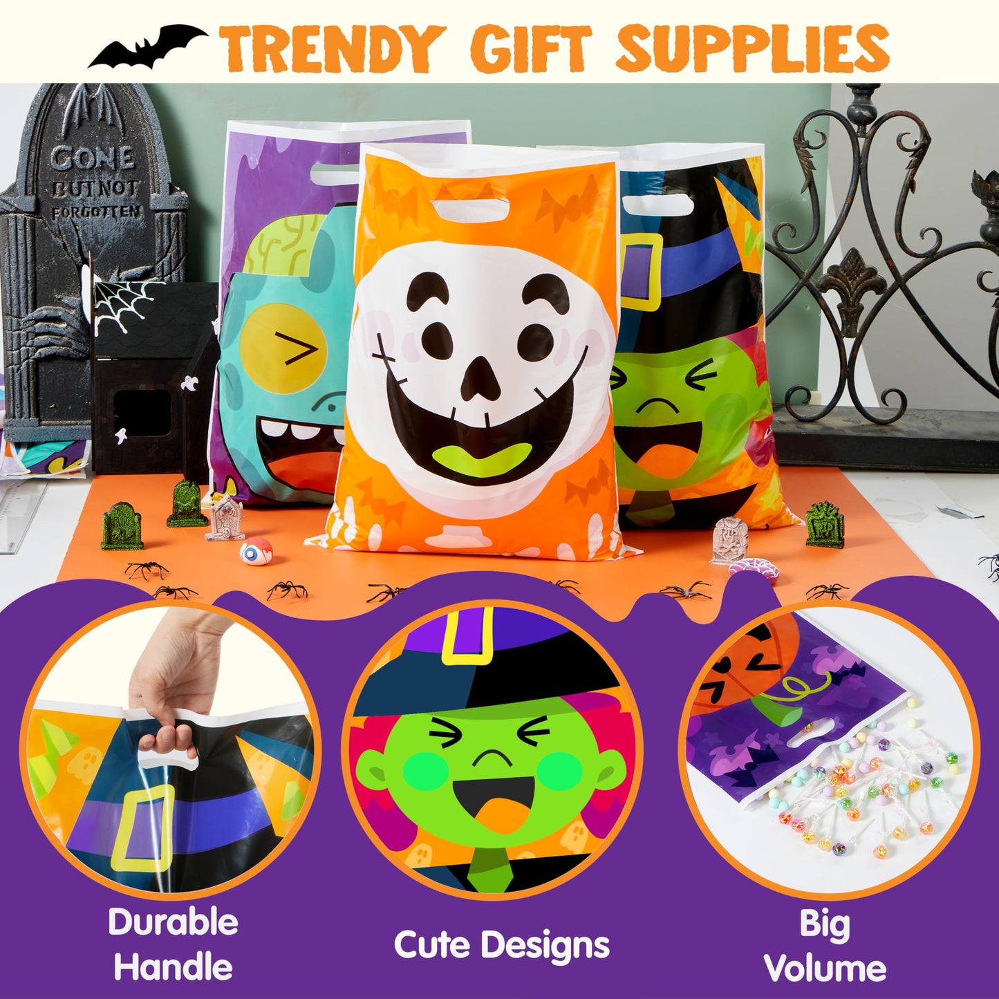 JOYIN 72 Pcs Halloween Goodie Bags with 6 Designed Characters, Trick or Treating Plastic Treat Bags for Kids Party Favors, Treats Party Supplies