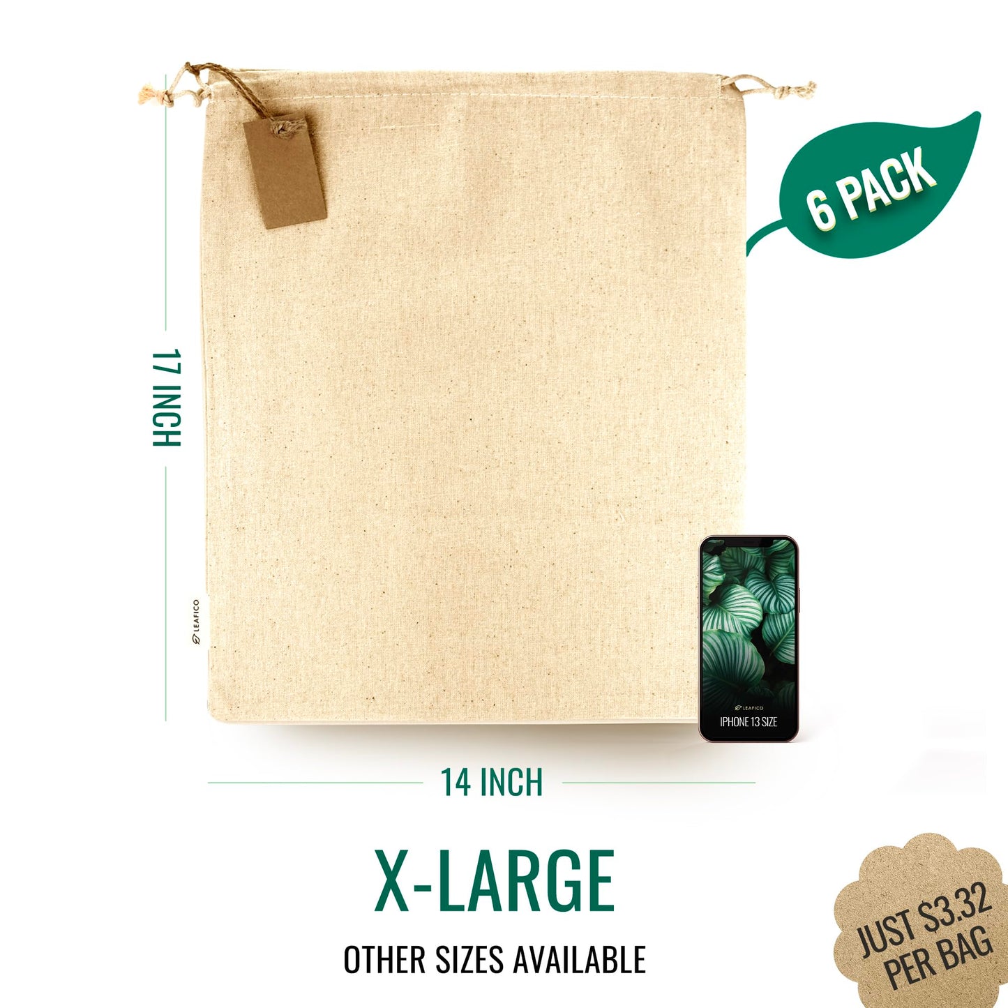 LEAFICO Cotton Storage Bags – X-Large 14x17 Inch (6-Pack) – Reusable Muslin Bags with Drawstrings – Biodegradable Canvas Fabric Sacks – Perfect for Bread, Bulk Produce, Potatoes, Onions, Shoes
