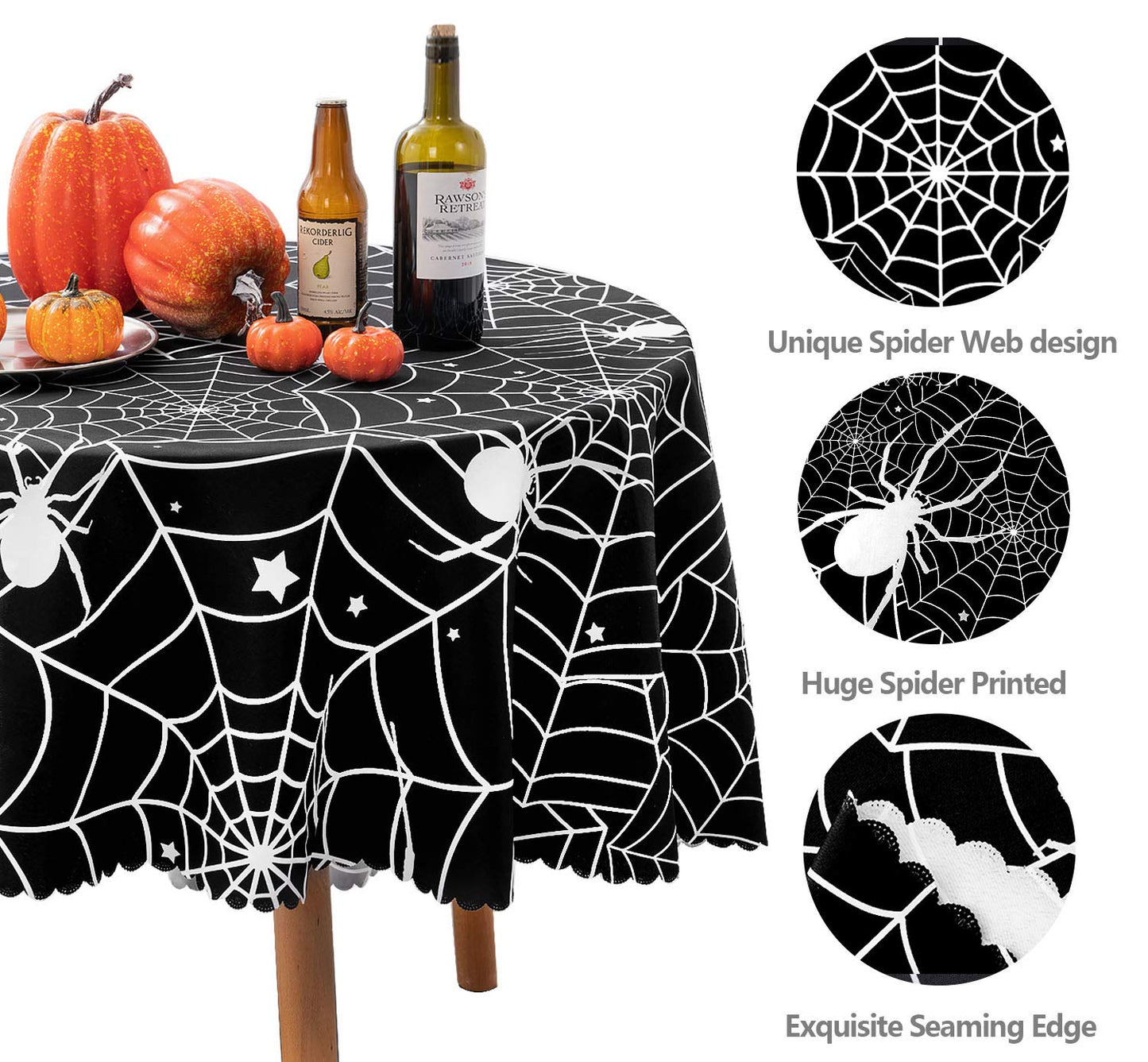 60 Inch Round Polyester Tablecloth, Halloween Black Spider Web Table Cloth, Spillproof Washable Polyester Table Cover - Perfect for Halloween Party Decorations
