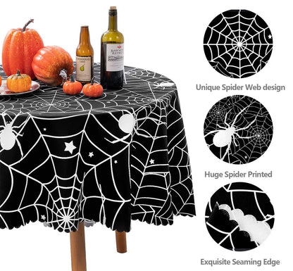 60 Inch Round Polyester Tablecloth, Halloween Black Spider Web Table Cloth, Spillproof Washable Polyester Table Cover - Perfect for Halloween Party Decorations